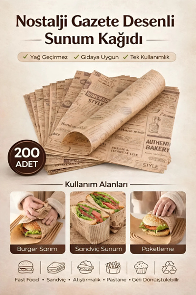 Madamev 200lü Breakfast Desenli Yağlı Kağıt Vintage Gazete Desen Aparatif Kağ...