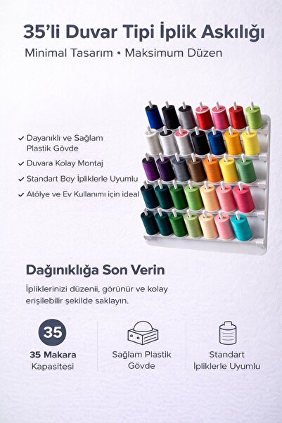 EVORADECO 35’li Duvar Tipi İplik Standı – Dikiş İpliği Makara Askılığı – Bobi...