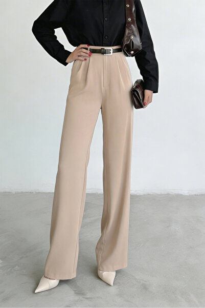 Hersteller Kadın Krem Bol Kesim Palazzo Pantolon Yüksek Bel Pileli Kumaş Pant...