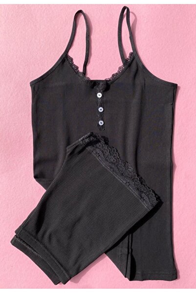 VicTroy Λεπτομέρεια καμιζόλα με κουμπιά με λουράκι σχοινιού Μαύρο χρώμα Δαντέ...