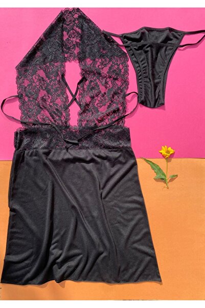 VicTroy Σετ Νυχτικό Σατέν 1 Τεμάχιο Μαύρο Χρώμα Δαντελένιο Μακρύ Καλσόν