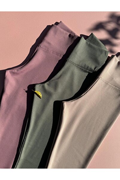 Ahmio Dámské žebrované legíny s vysokým pasem – sada 3 kusů (švestková, krémo...