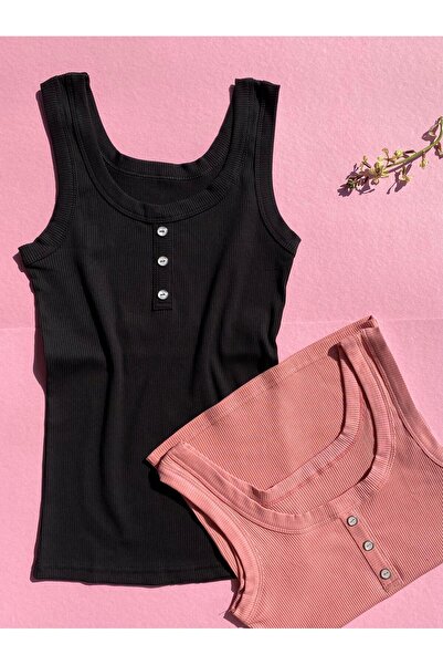 VicTroy Button Detailed 2 Pieces Camisole Thick Strap Lillesol Black And Rose...