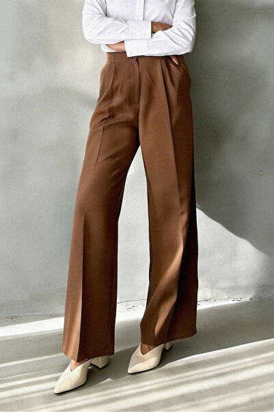 Hersteller Women's Coffee Loose Fit Palazzo Pants High Waist Pleated Fabric T...