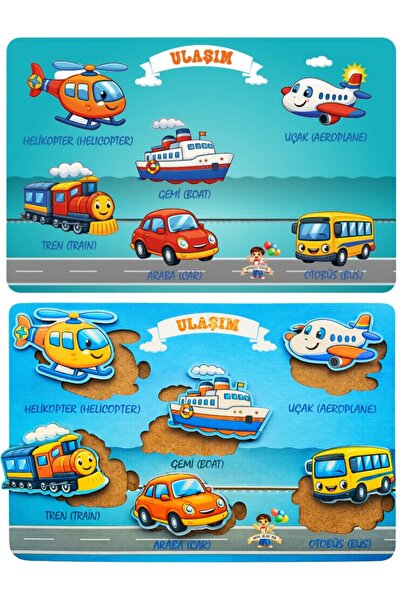 Minçu Toys Eğitici Ahşap Bul Tak ,İngilizce Anlamlı , Ulaşım Araçları+Zeka Ge...