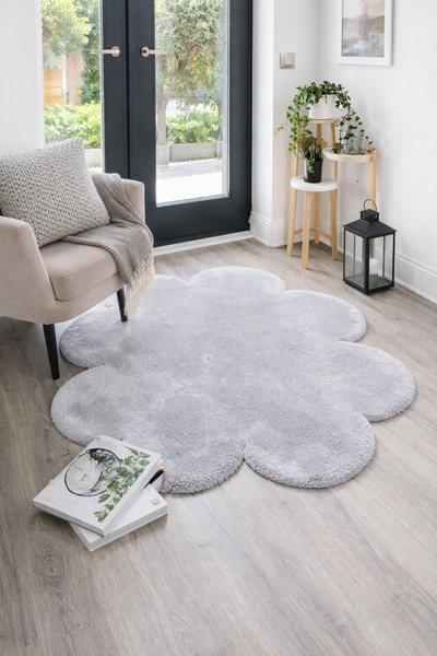 Lagom Life Açık Gri Yonca Peluş Halı Dekoratif Lazer Kesim Peluş Halı Oda Halısı