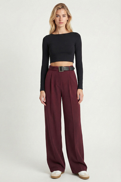 Lovelyİstanbul Belt Detailed Woven Palazzo Trousers Lby0044 Bordo