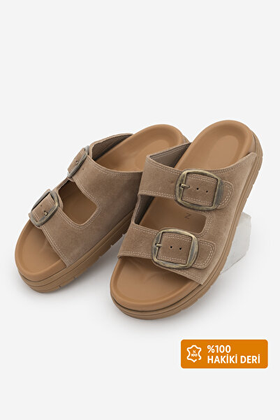 Marjin Women's Genuine Leather Buckle Thick Sole Daily Slippers Rontes Camel ...