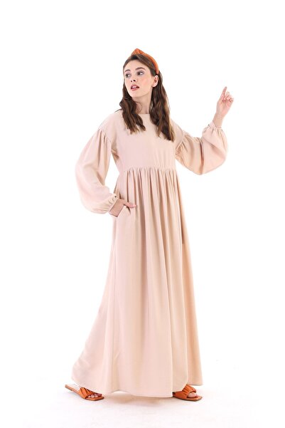 QANU Natural Büzgülü Elbise Bej