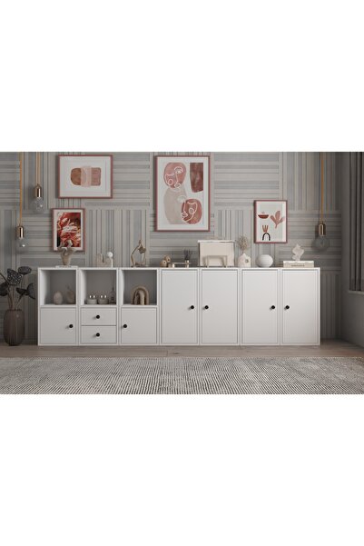 Nettrends Altı Kapaklı Iki Çekmeceli Raflı Beyaz Konsol Çıtasız Kns-1200-ç