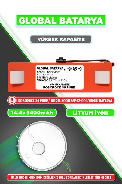 GLOBAL BATARYA Roborock S6 Pure Uyumlu Akıllı Robot Süpürge Bataryası 14.4v 6...