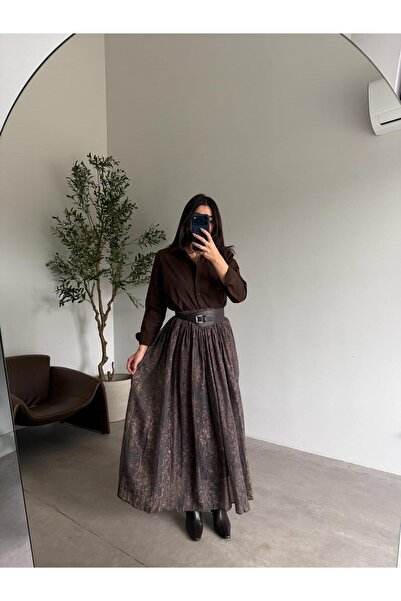 Bade Butik تنورة مزخرفة بنمط القهوة مع حزام