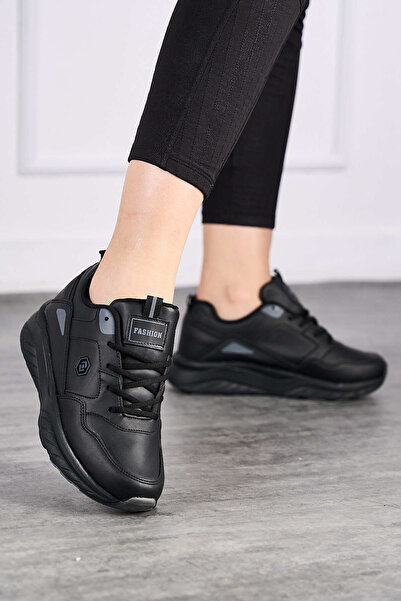 İmerShoes Günlük Kadın Siyah Füme Sneaker Bağcıklı Oval Burunlu Kalın Desenli...