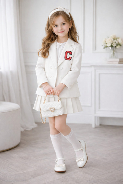 RAPAPA Girl's White Jacketed Pleated Shorts Skirt Set – 0680