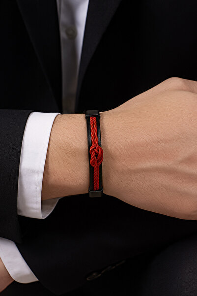 Herşey Nota Red Genuine Leather Men's Bracelet |   Magnetic Metal Buckle, Eye...