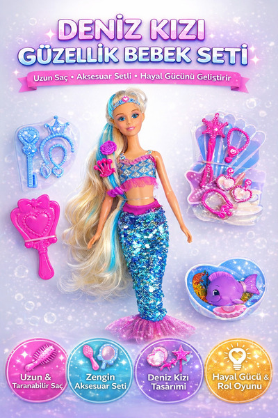 YILDIRIM OYUNCAK Pullu Renkli Deniz Kızı 30cm - 15 Parça Aksesuarlı Deniz Kız...