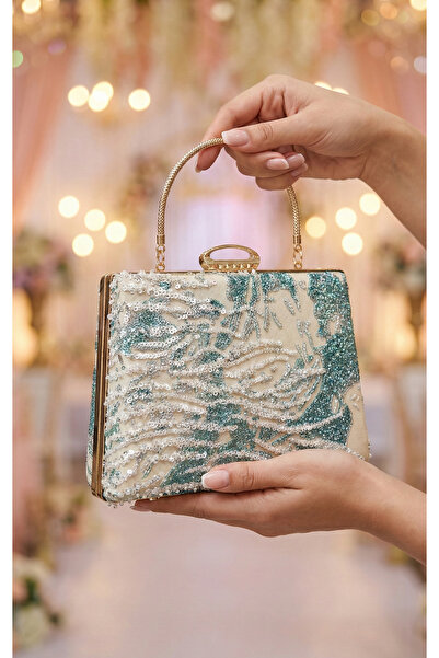 Telli Art Ecru & Turquoise Embroidered Chain Evening Dress Bag 15X22 cm – Dou...