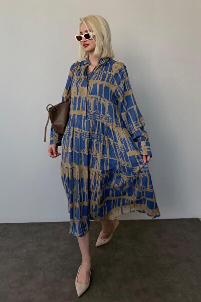 Madmext İndigo Uzun Kollu Düğmeli Desenli Elbise Mg2430