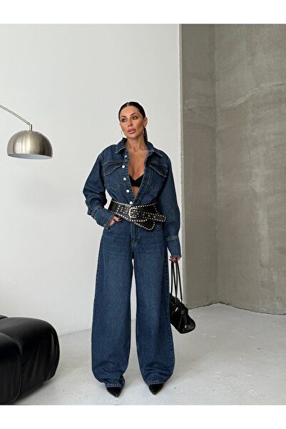 HerTon Koyu Denim Oversize Uzun Kollu Tulum