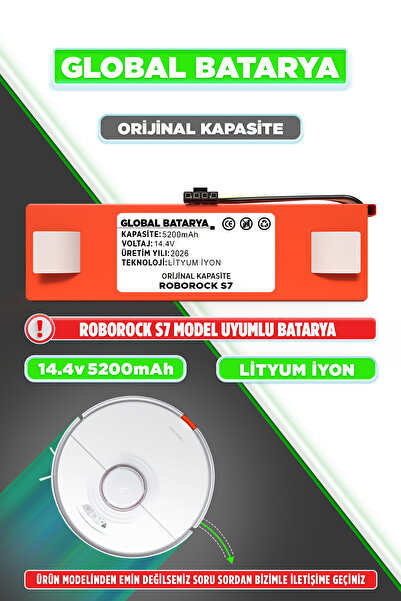 GLOBAL BATARYA Roborock S7 Uyumlu Akıllı Robot Süpürge Bataryası 14.4v 5200ma...
