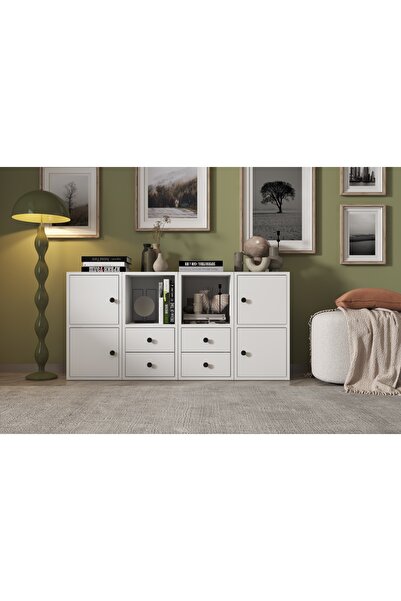 Nettrends Dört Kapaklı Dört Çekmeceli Raflı Beyaz Konsol Çıtasız Kns-1167-ç