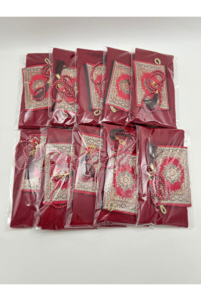 LenaToptan 10 Adet Bordo Flamlı Eşarp Cüzdan ve Tesbih Seti Hac Umre Mevlid H...
