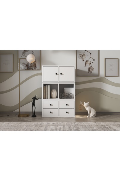 Nettrends Kapaklı Çekmeceli Raflı Kitaplık 65 Cm Beyaz Ktp-1027-ç
