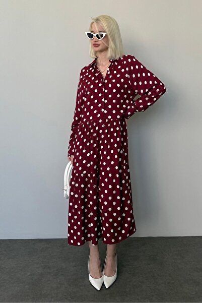 Madmext Βουργουνδί φόρεμα με μακρυμάνικο σχέδιο με κουμπιά Mg2430