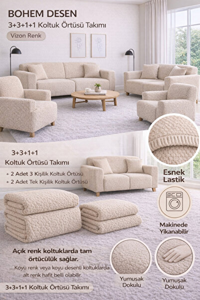 BTF HOME Bohem Desen vizon Lastikli Koltuk Örtüsü 3+3+1+1 Takımı | Esnek Last...