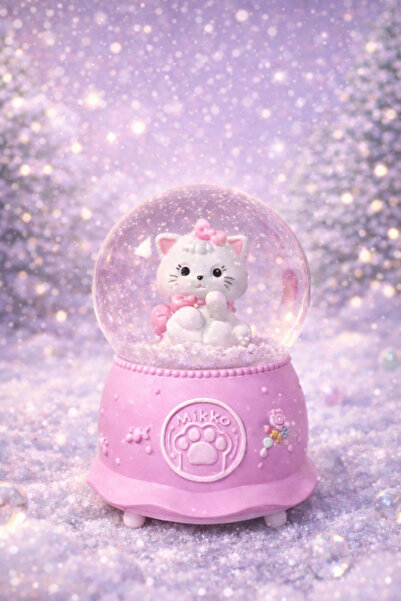 matheon Mikko Figürlü Işıklı Kar Küresi - Simli Dekor Gece Lambası, pembe Tas...