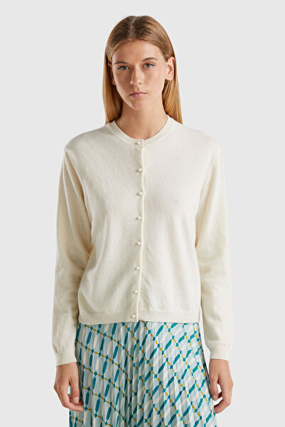 United Colors of Benetton Cardigan pentru femei, crem, 100% merino, cu decolt...