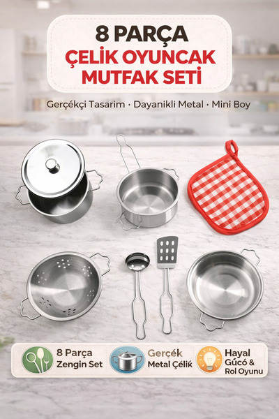 YILDIRIM OYUNCAK Metal Paslanmaz Çelik Oyuncak Tencere Tava Seti 8 Parça Akse...