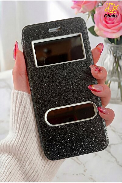 Fibaks iPhone 7/8/SE Kılıf Kapaklı Simli Parlak Lüks Koruyucu 360 Kapak Siyah