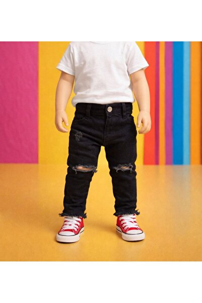 minny max Çocuk Siyah Kot Denim Pantolon Yırtık ve Kesik Detaylı