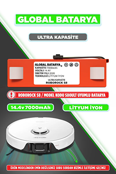 GLOBAL BATARYA Roborock S8 Uyumlu Akıllı Robot Süpürge Bataryası 14.4V 7000mA...