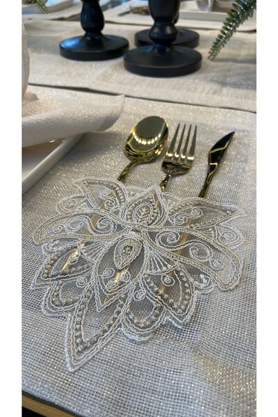 Decamor home Linen Fransız Dantelli Gold Simli Ekru Amerikan Servis 2 ADET