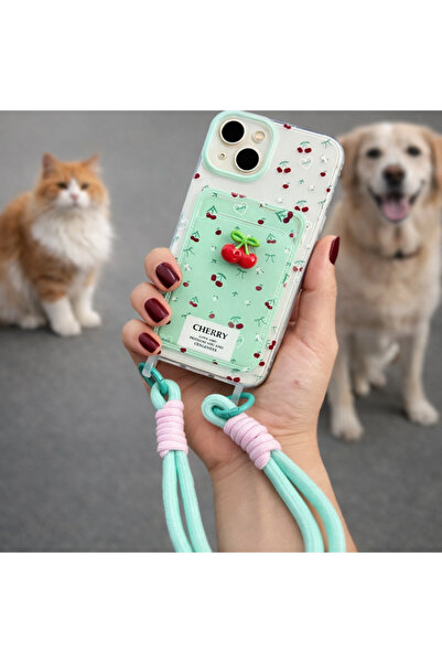FİŞNEİLETİŞİM İPHONE 13/14 UYUMLU KİRAZ DESENLİ KREDİ KARTLIKLI BİLEK AKSESUA...