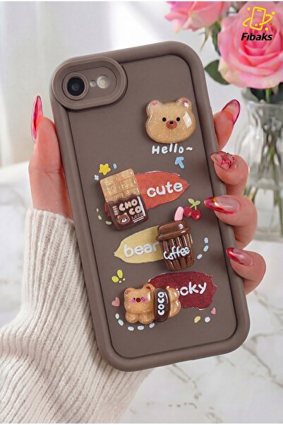 Fibaks iPhone 7/8/SE Kılıf Tasarımlı Desenli Kamera Korumalı Ayıcık Kahve Ren...