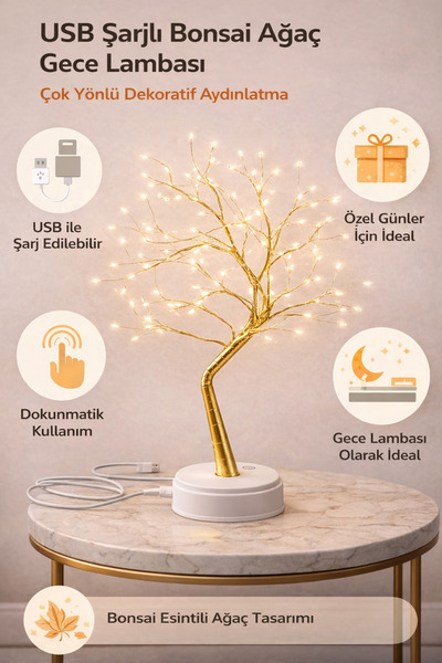 Buffer ® Masaüstü Peri Ağaç LED Lamba – Gün Işığı Rengi, 3 Kademeli Işık Ayarlı, Şarjlı Dekoratif Ort