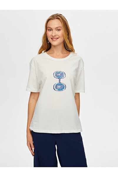 Faik Sönmez Kadın Önü Nazar Boncuğu Baskılı Yuvarlak Yaka Pamuklu T-Shirt