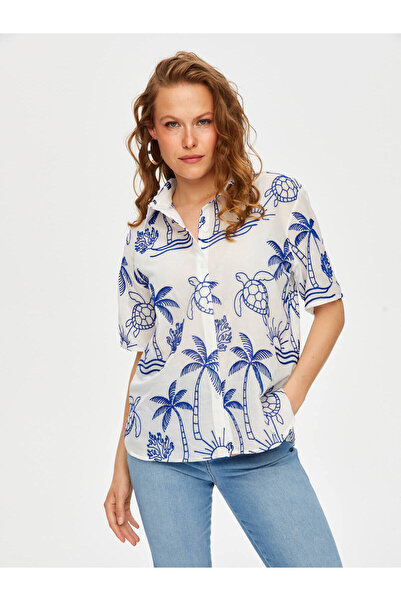 Faik Sönmez Cămașă din voal de bumbac cu mânecă scurtă brodată cu broderie tr...