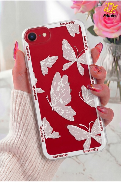 Fibaks iPhone 7/8/SE Kılıf Tasarımlı Desenli Kamera Korumalı Şeffaf Kelebek E...