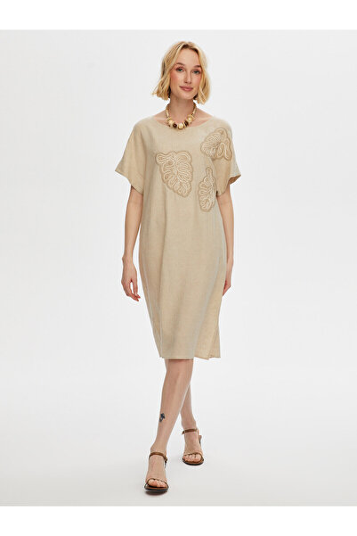 Faik Sönmez Women's Leaf Embroidery Detailed Mesh Garnished Linen Blended Dress