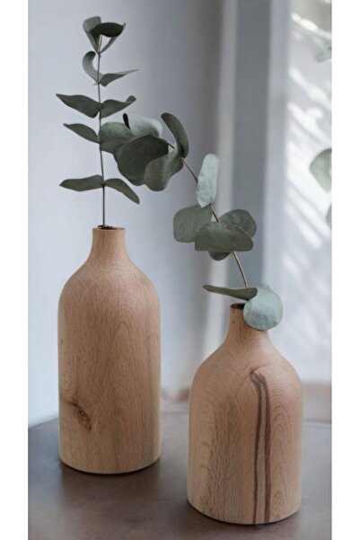 WoodyDesign Dekoratif Doğal Ahşap 2’li Vazo Boyasız Gürgen Ağacı