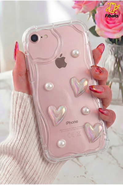 Fibaks iPhone 7/8/SE Kılıf 3D Kalpli İnci Tasarımlı Desenli Kamera Korumalı S...