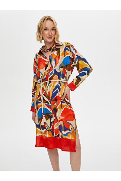 Faik Sönmez Kadın Eteği Sulu Kemer Detaylı Viskon Gömlek Elbise