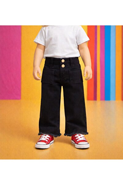 minny max Kız Çocuk Siyah Geniş Paça Kot Denim Pantolon