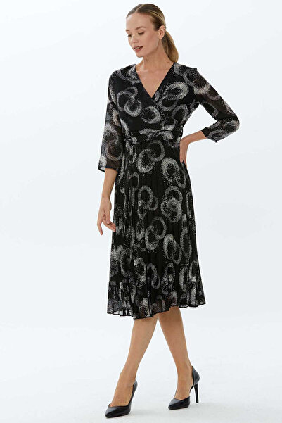 Genel Markalar Eteği Pliseli Kruvaze Daire Desenli Elbise / SİYAH