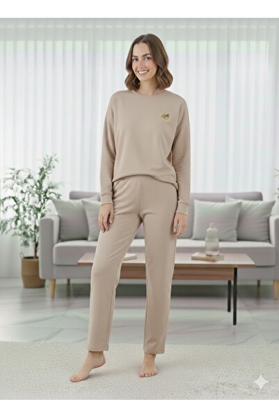 sleeproom Women's Beige Lycra Comfortable Tracksuit Set