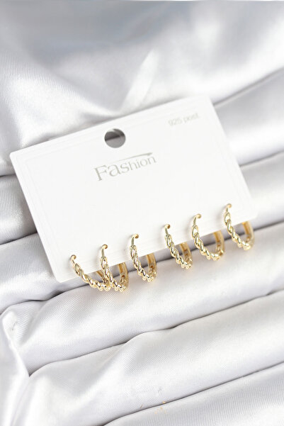 Skygo Gold Renk Burgu Halka Model 925 Ayar Gümüş Çivili Pirinç Küpe Seti - TJ...